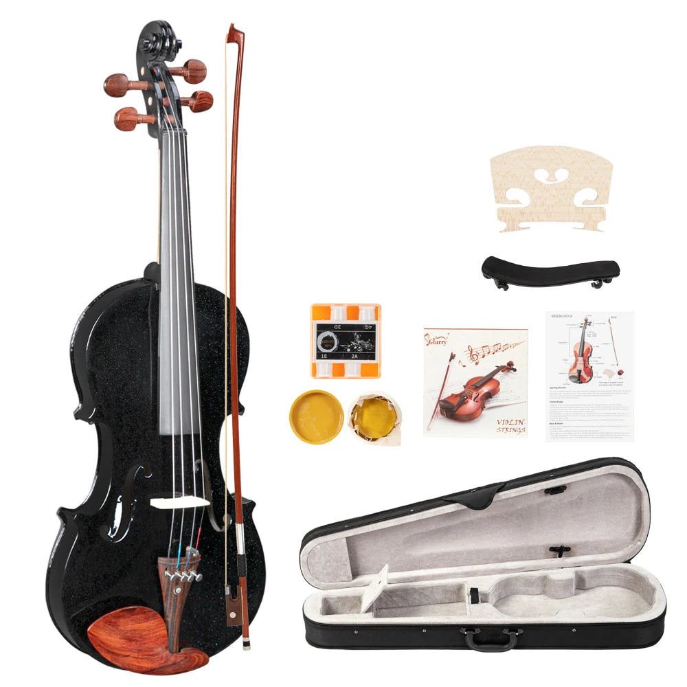 Full Size Matte Black 4/4 Spruce Panel Wooden Violin Set with Case Bow