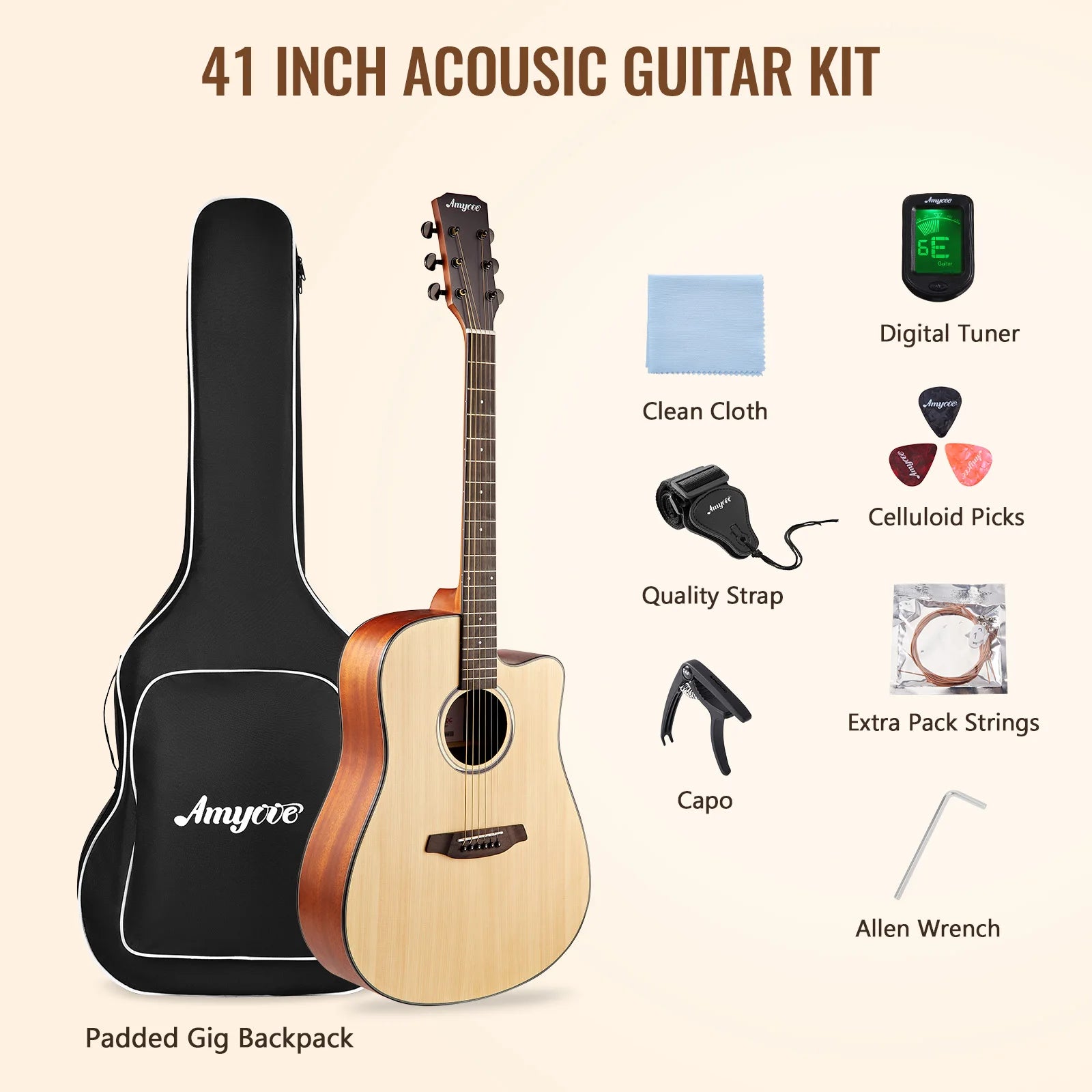 41" Acoustic Guitar Full Size Steel Acustica Guitarra with Gig Bag